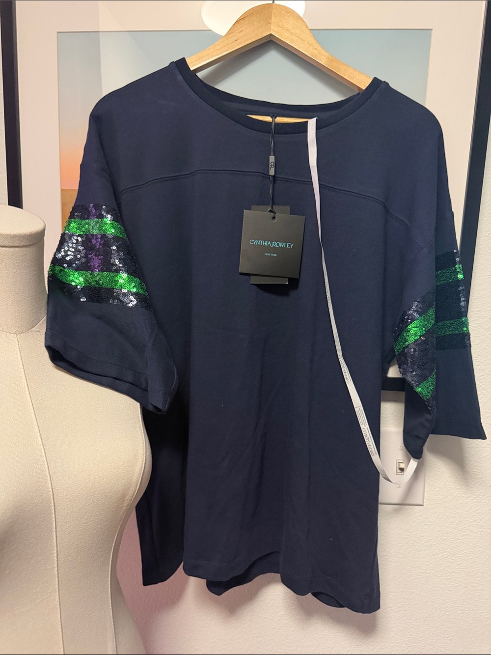 Cynthia Rowley NWT Sequin Striped Sleeve Sports Jersey Top Navy $295